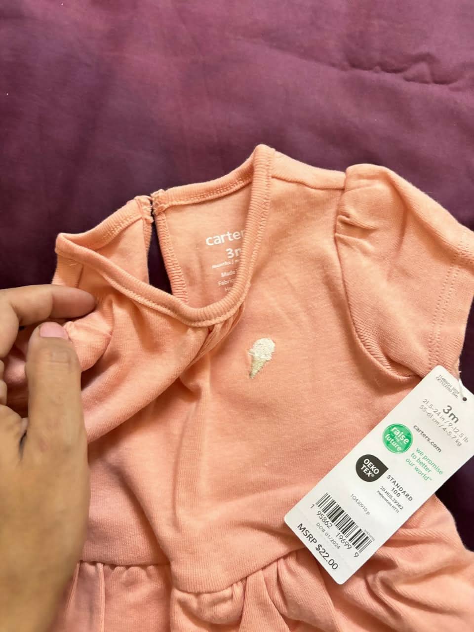 CARTER’S baby girl 2-piece set – peach cotton bodysuit with ice cream print leggings.