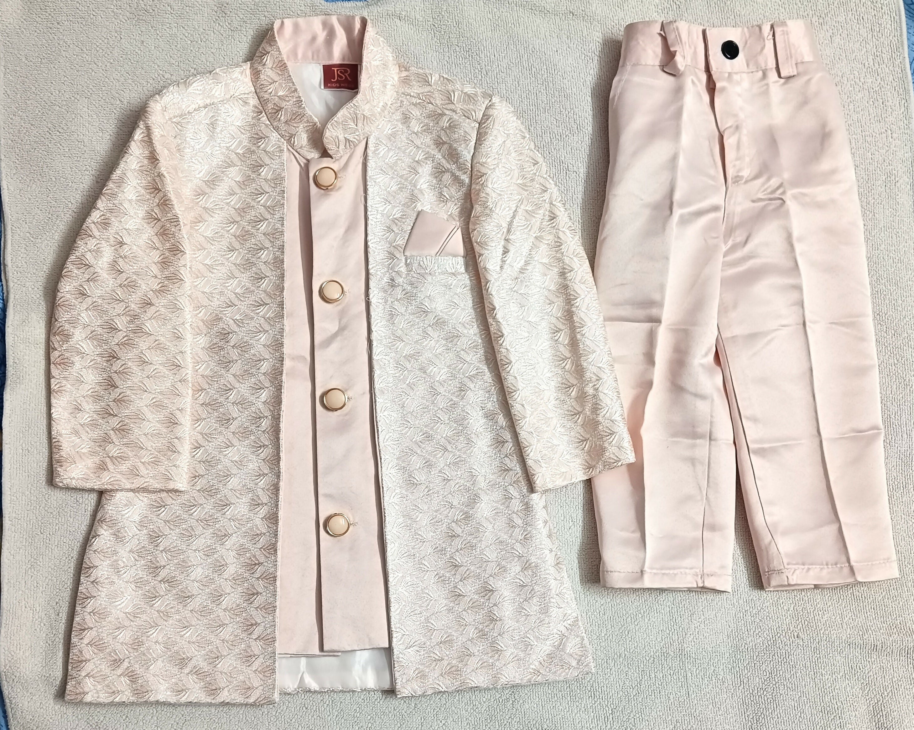Elegant Cream & Pink Traditional Party Wear Set for 1-year-old baby boy featuring a festive ethnic design, comfortable fabric, stylish detailing, and coordinated pieces for weddings, birthdays, and celebrations.