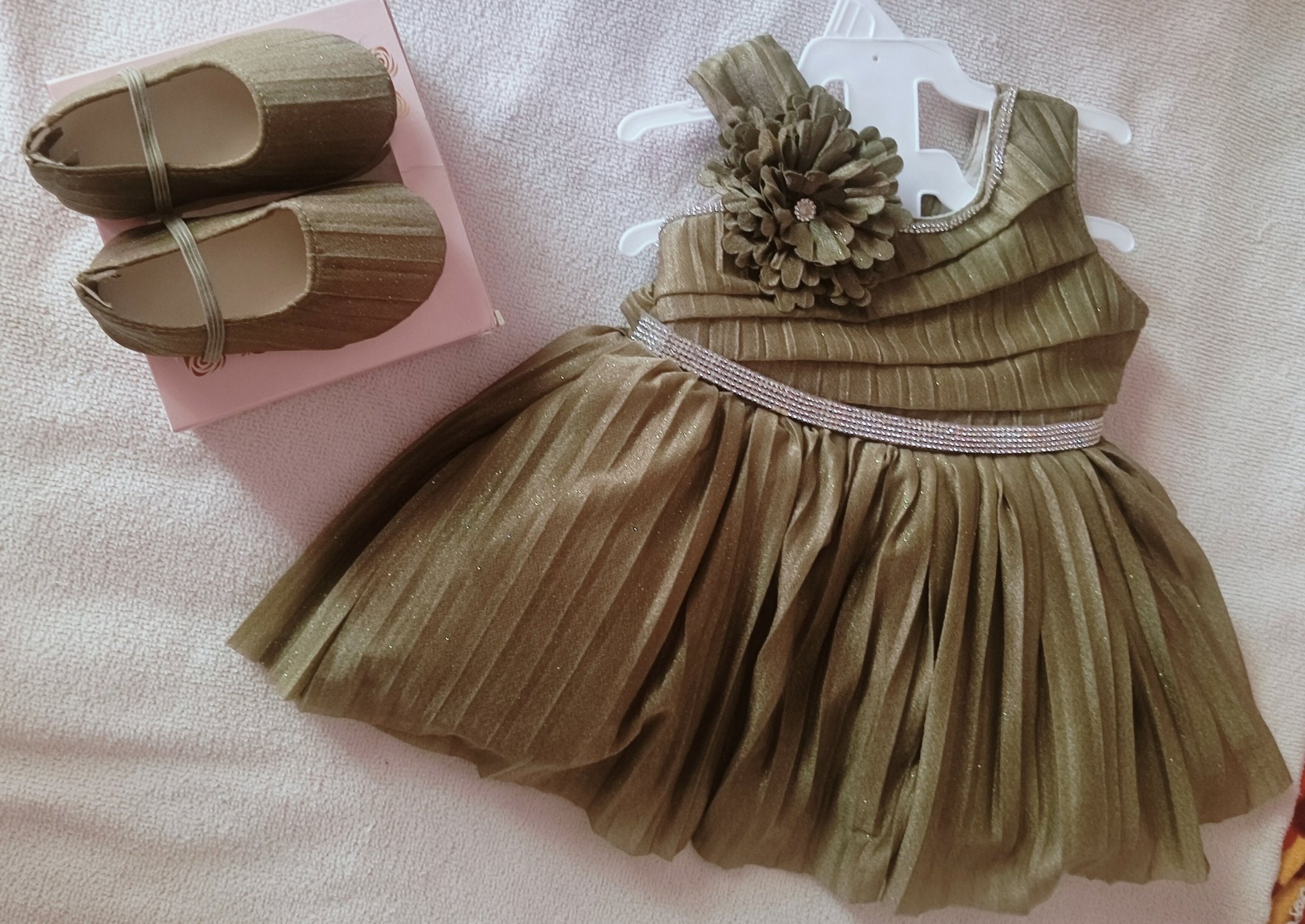 Elegant Green Baby Party Wear Gown featuring a graceful silhouette, stylish detailing, and a charming festive look for birthdays, weddings, parties, photoshoots, and special occasions.