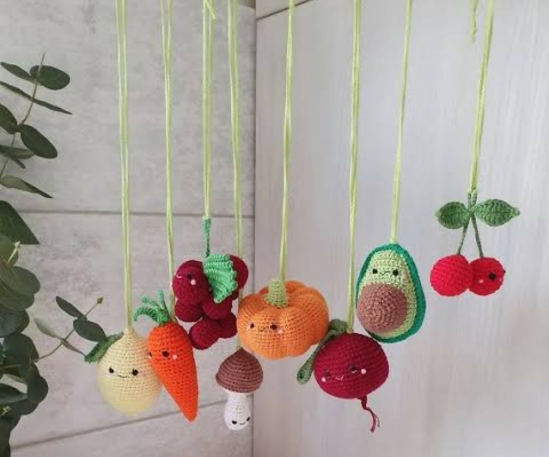 Handcrafted Crochet Play Gym Set / Cradle Hanging Set: 100% cotton yarn, safe and vibrant toys for baby’s playtime and naptime.