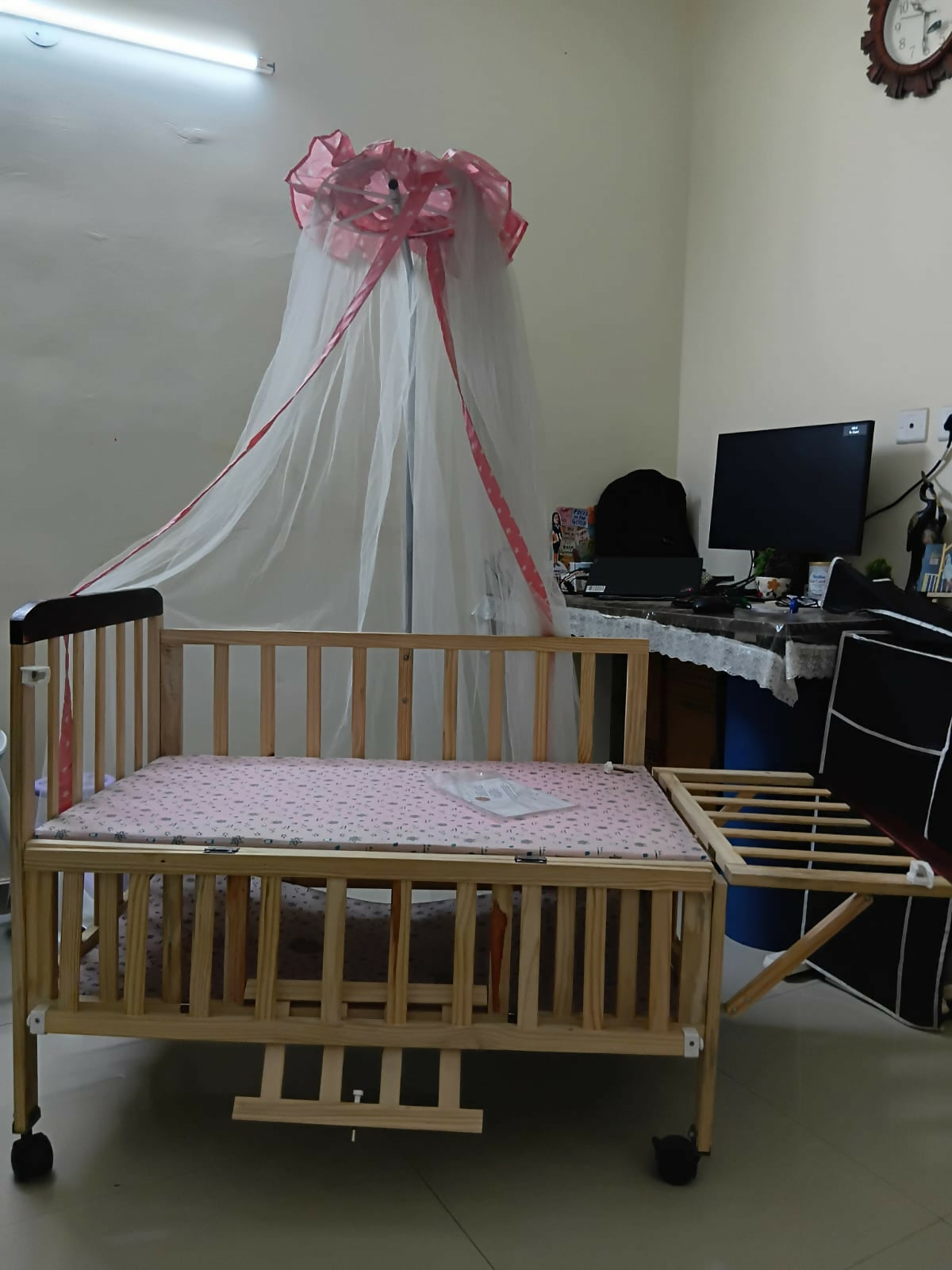 FURNIFEST Wooden Baby Cot/Crib in Almost New condition featuring sturdy wooden construction, spacious sleeping area, protective side rails, and a classic design for a comfortable nursery setup.