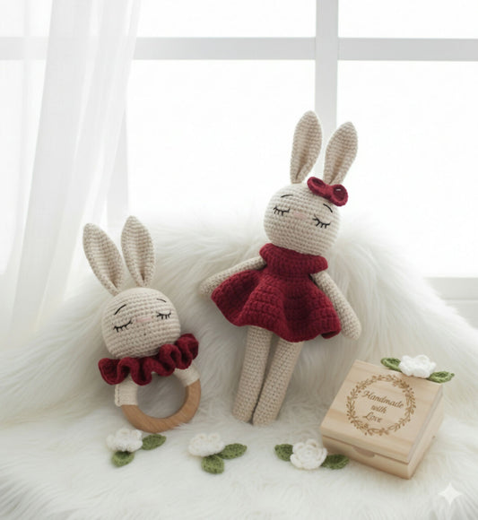 Crochet bunny and rattle set