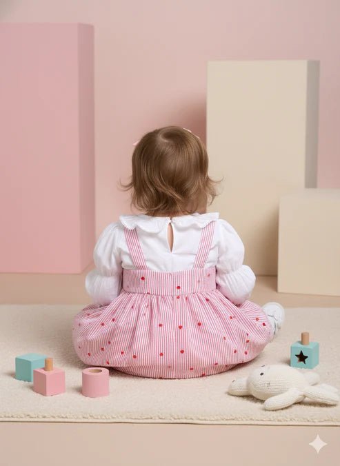 Child wearing a pink dress with white ruffled shirt
