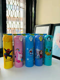 Five colorful water bottles with cartoon character designs