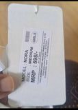 Product tag with model number, size, and price on a white background