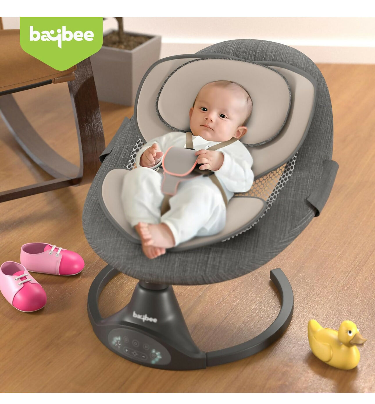 BAYBEE Automatic Electric Swing Cradle for Baby with 5 Adjustable Swing, 3 Recline, Mosquito Net & Belt, Music|Remote & Soft Toys|Baby Swing Rocker with Bluetooth