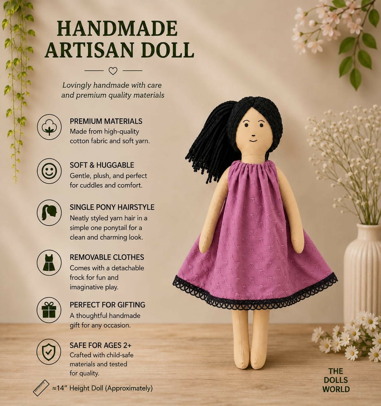 Handmade artisan dolls crafted with soft, premium-quality materials and intricate handcrafted details, perfect for imaginative play, nursery décor, gifting, and collectible displays.