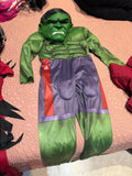 Hulk character kids costume with mask featuring superhero-inspired design, comfortable fabric, detailed muscle print, and matching mask for dress-up, parties, and imaginative play.