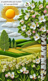 Decorative scene with trees, flowers, and a sun on a green background bedsheet