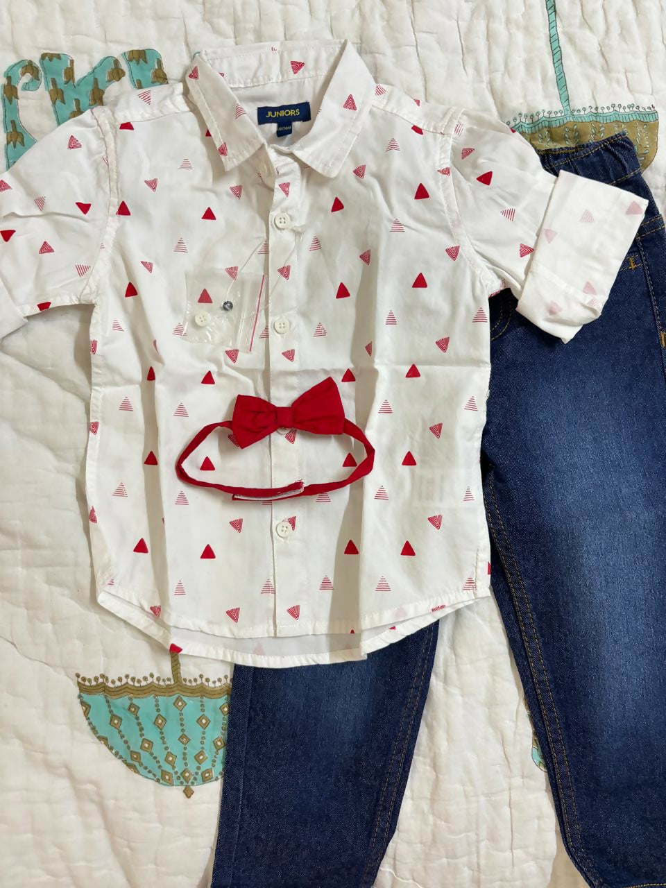 JUNIORS by Lifestyle boys shirt, bow tie & jeans set – brand new, size 18–24 months, fits up to 3 yrs.