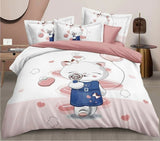 Bedding set with cartoon cat design on a bed in a bedroom setting.