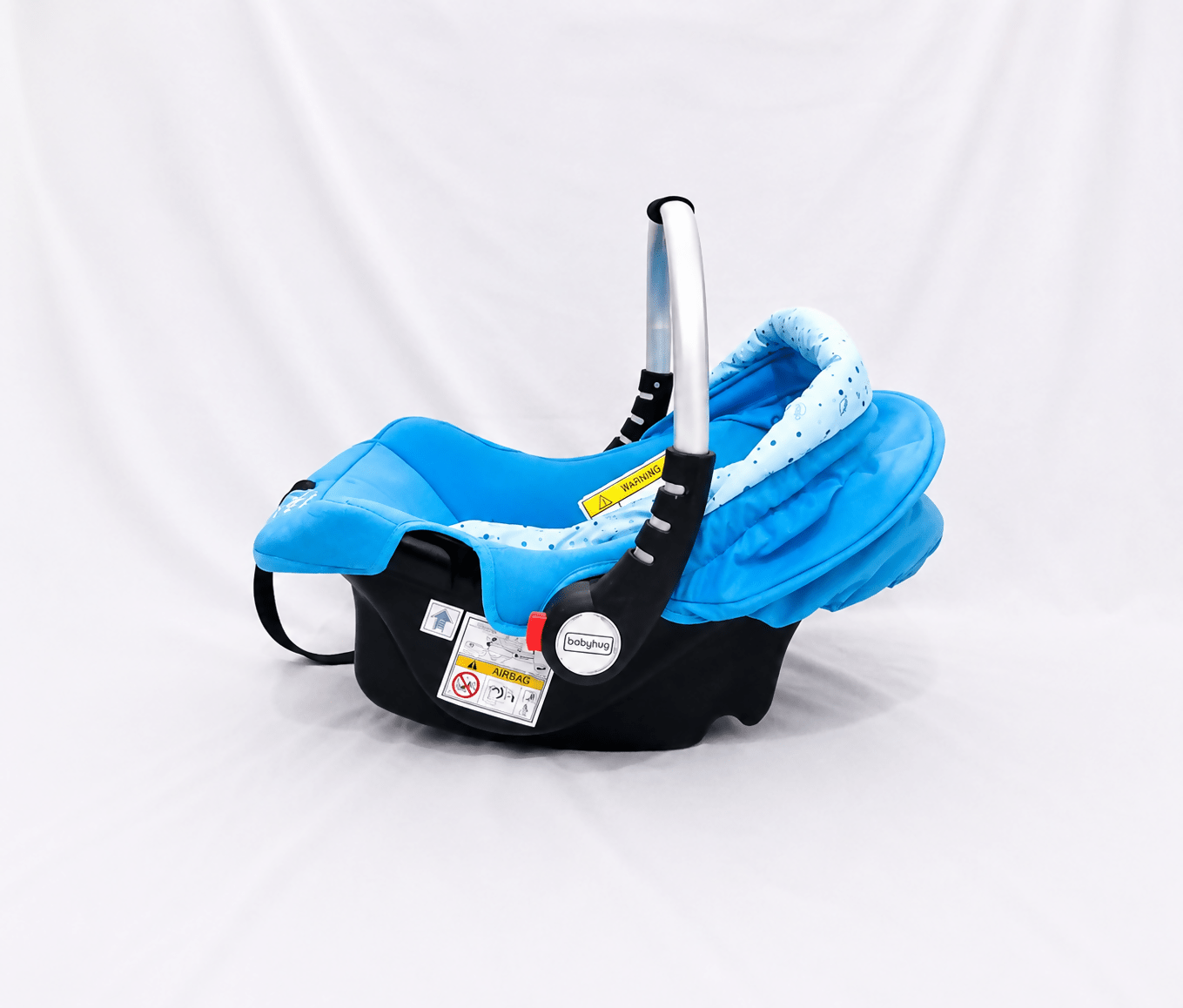 BABYHUG infant car seat carry cot with canopy, rear-facing design, cushioned seating, 5-point safety harness, ergonomic carry handle, and sun-protective canopy for newborns and infants up to 13 kg.