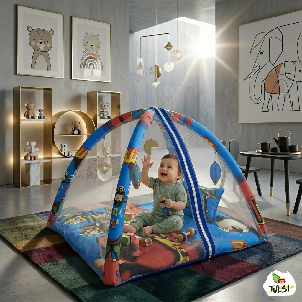 Play gym mattress with mosquito net and bedding set featuring soft cushioned play area, protective mosquito net, comfortable bedding, and cozy space for babies to rest and play.