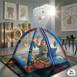 Play gym mattress with mosquito net and bedding set featuring soft cushioned play area, protective mosquito net, comfortable bedding, and cozy space for babies to rest and play.
