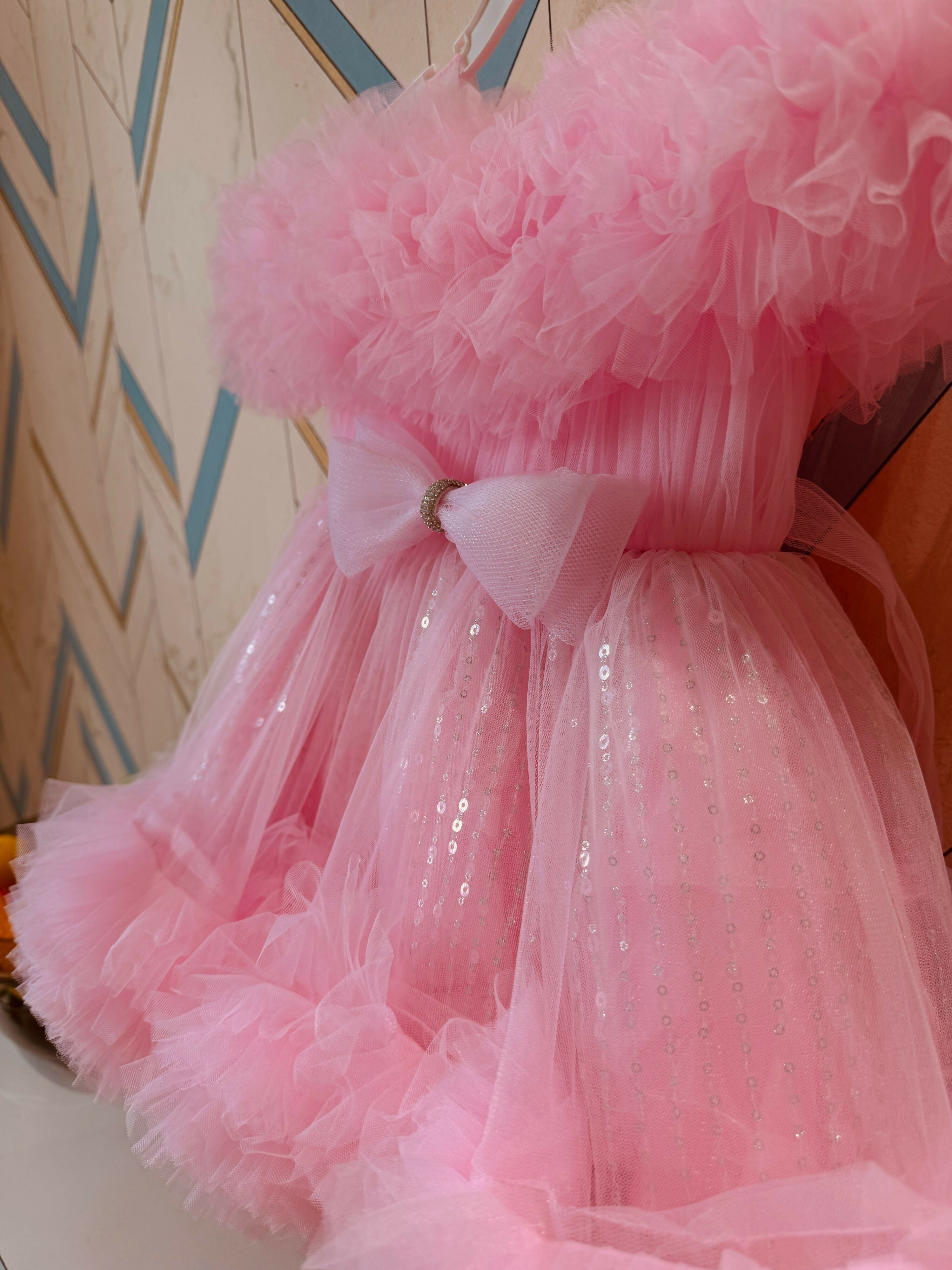Girls Balloon Frill Party Dress - Baby Pink Frock ( 9-12 m)