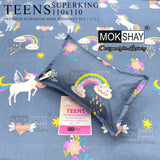 Mokshay Teens kids bedsheet set with pillowcase on a blue background with unicorn and rainbow designs.