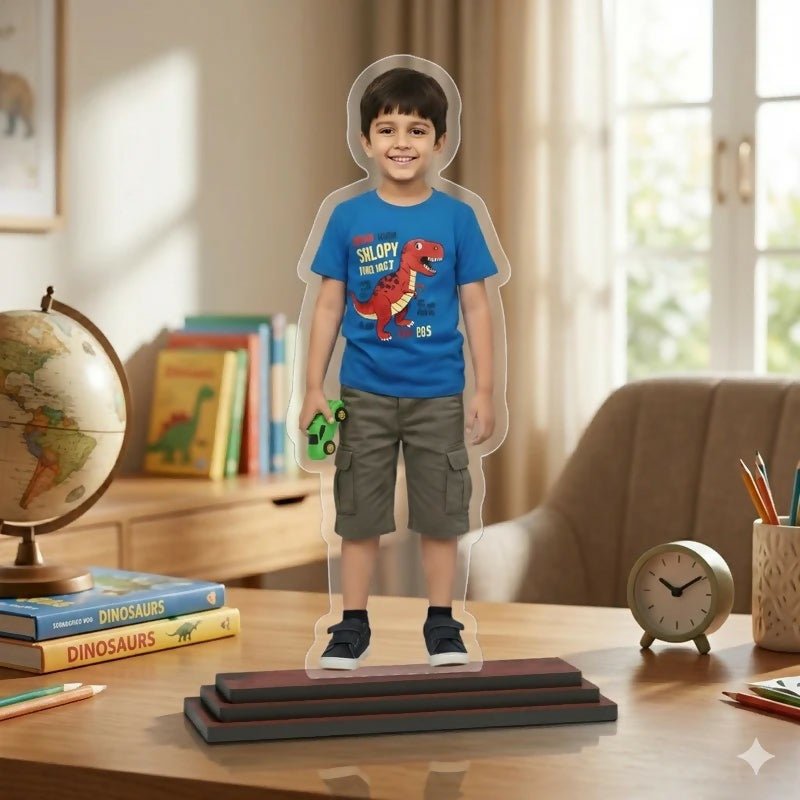 Personalized kids acrylic photo cutout with custom name and photo, premium UV printed tabletop decor piece for gifting