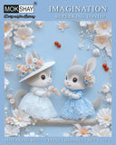 Decorative bedsheet set with cartoon bunnies and flowers, brand 'MOKSHAY' visible.