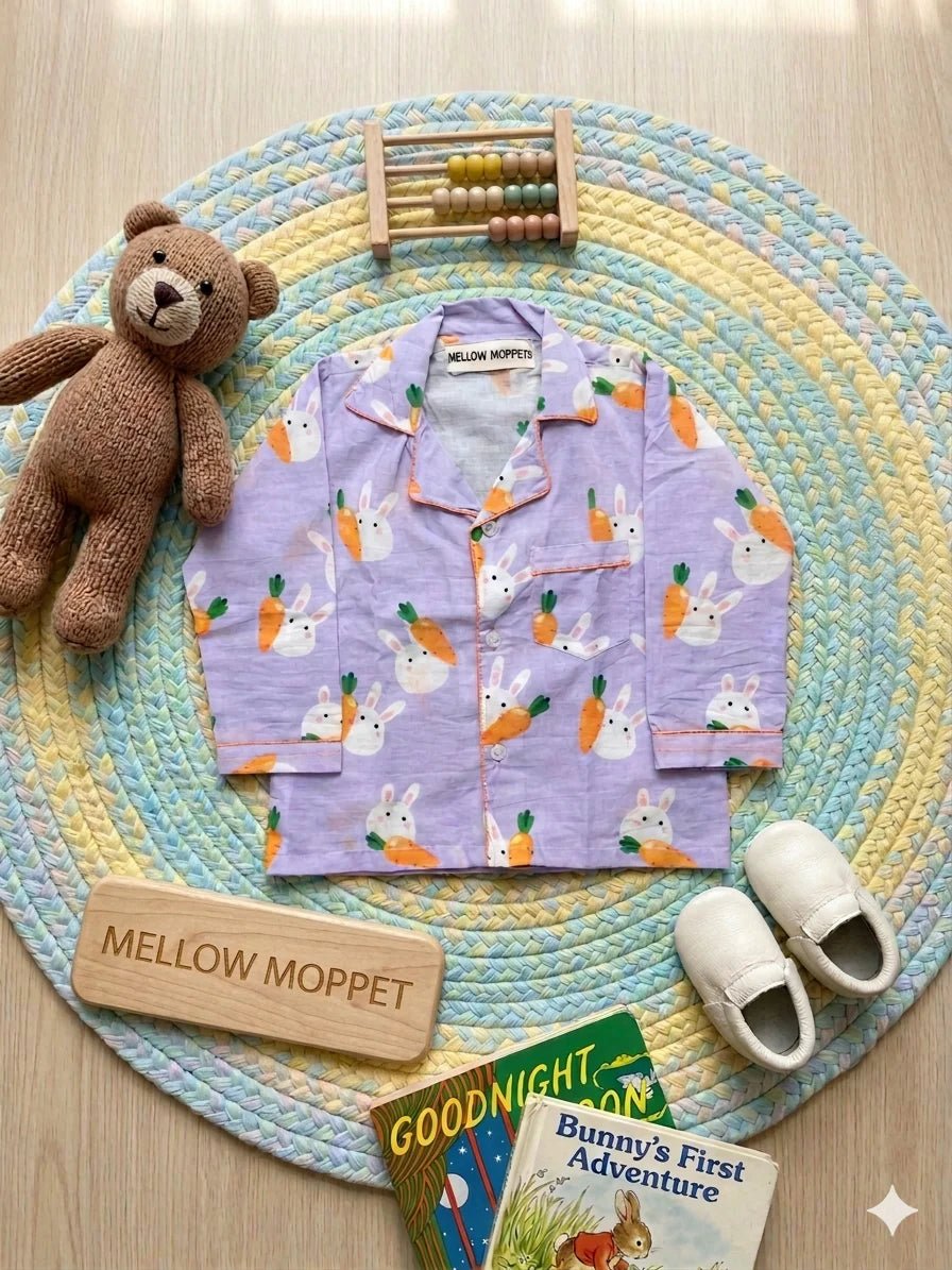 MELLOW Bunny's Carrot full sleeves nightsuit with soft comfortable fabric, cute bunny and carrot-themed design, full-sleeve coverage, and a cozy fit for bedtime and lounging.