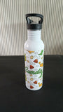 White water bottle with colorful dinosaur pattern and 'Lamato' branding on a black surface.