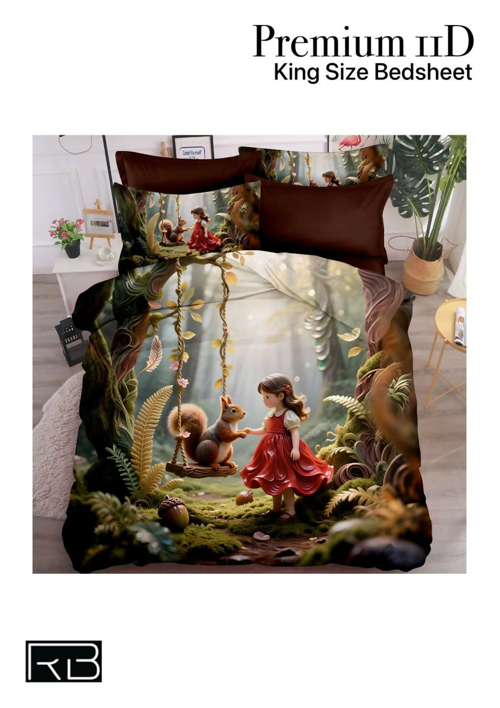 Bedsheet with a forest design featuring a girl and squirrel