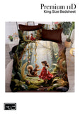 Bedsheet with a forest design featuring a girl and squirrel