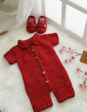 Red knitted baby outfit with matching shoes