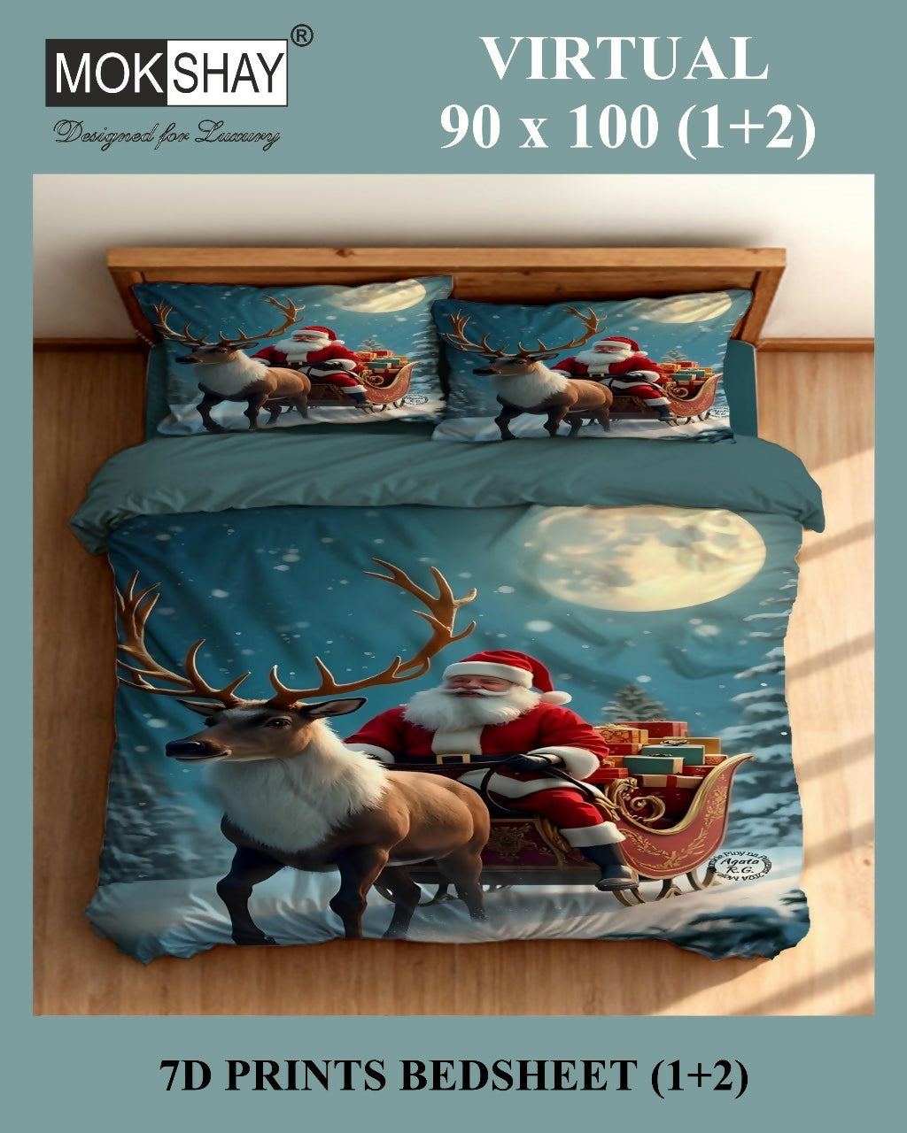 Bedding set with Santa Claus and reindeer design on a bed, featuring MOKSHAY branding.