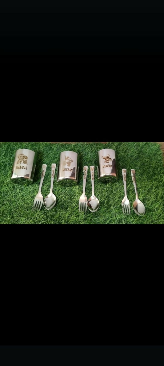 Buy Personalised Stainless Steel Glass, Spoon, and Fork Set – Durable and Customizable Dining Set for Children