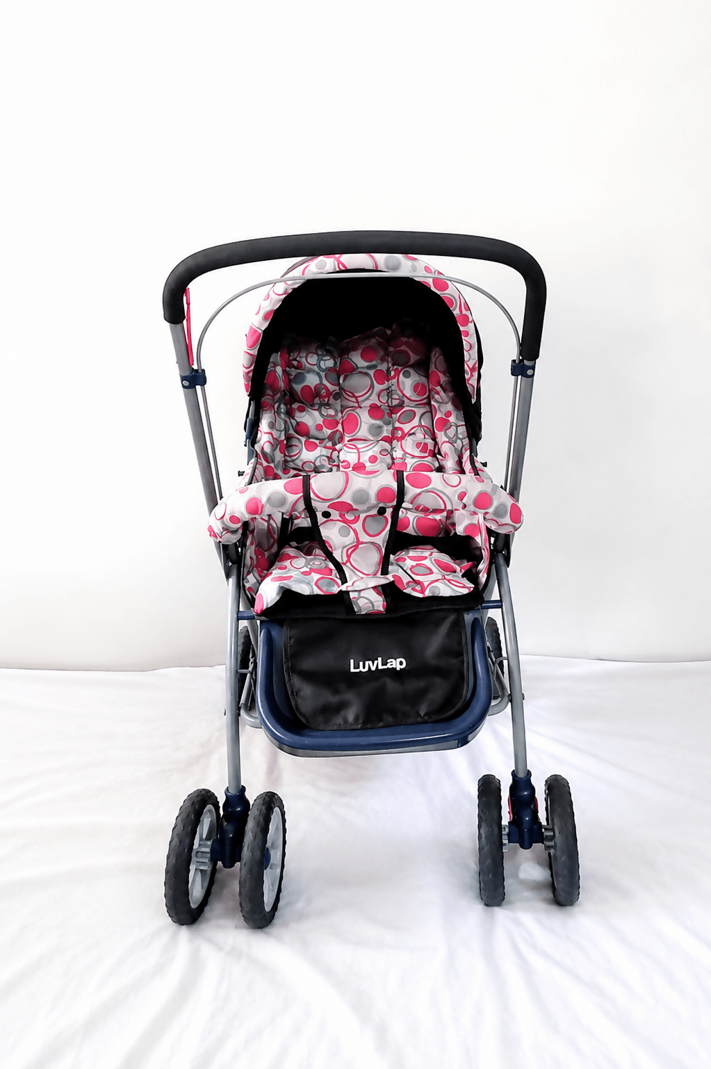 LuvLap reversible handle baby stroller with foldable travel pram design, reclining seat, adjustable canopy, 5-point safety harness, smooth wheels, and storage basket for comfortable travel with babies and toddlers.