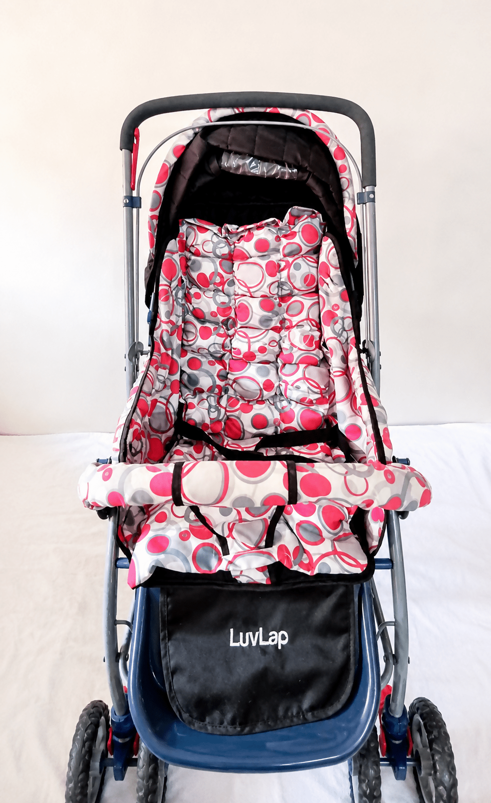LuvLap reversible handle baby stroller with foldable travel pram design, reclining seat, adjustable canopy, 5-point safety harness, smooth wheels, and storage basket for comfortable travel with babies and toddlers.