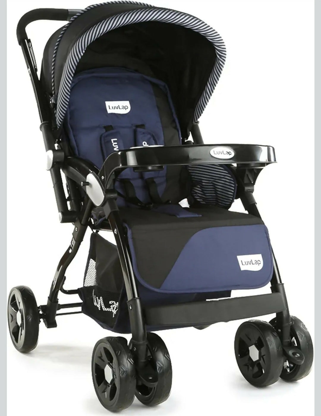 LuvLap Galaxy Baby Stroller with a comfortable reclining seat, foldable frame, adjustable canopy, safety harness, smooth wheels, and spacious storage basket for convenient everyday outings with babies and toddlers.