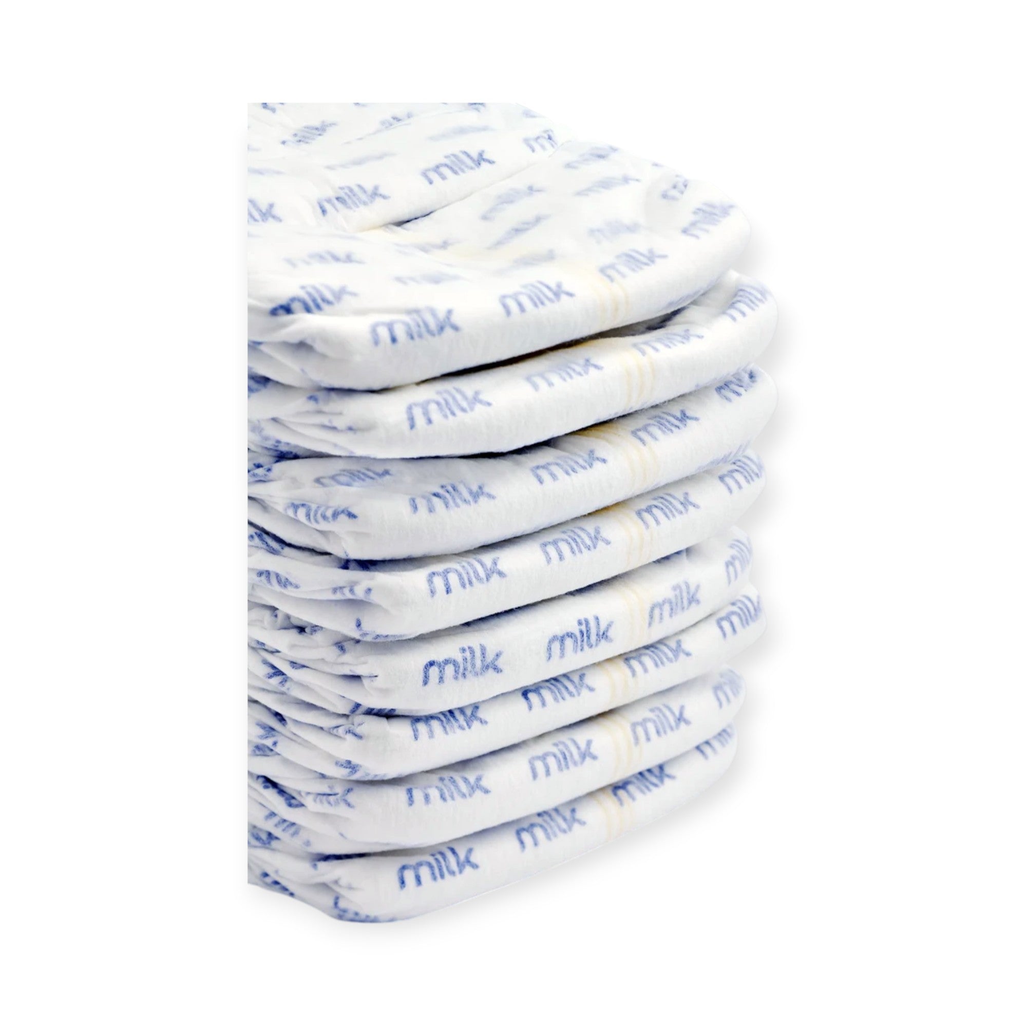 Stack of white milk cartons with blue text on a white background