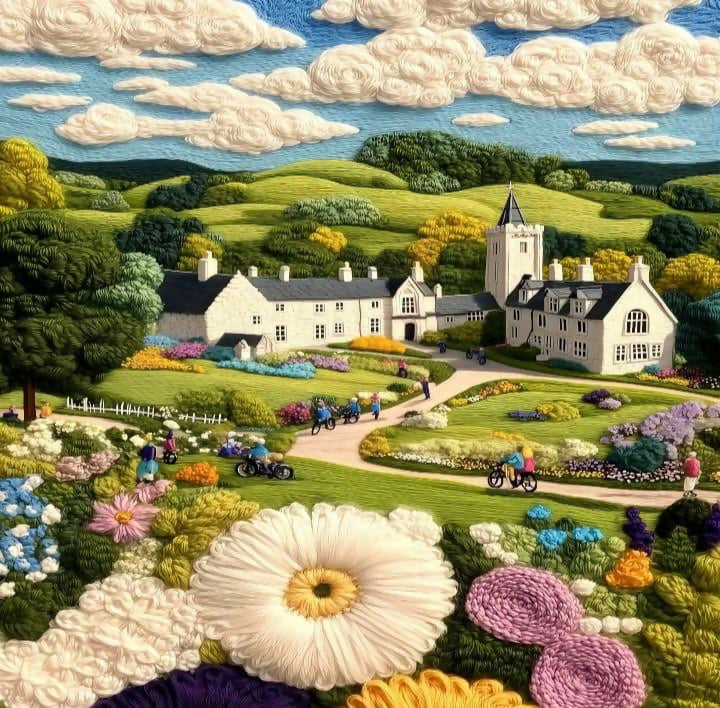 Colorful embroidered landscape with a large white house, gardens, and people walking.