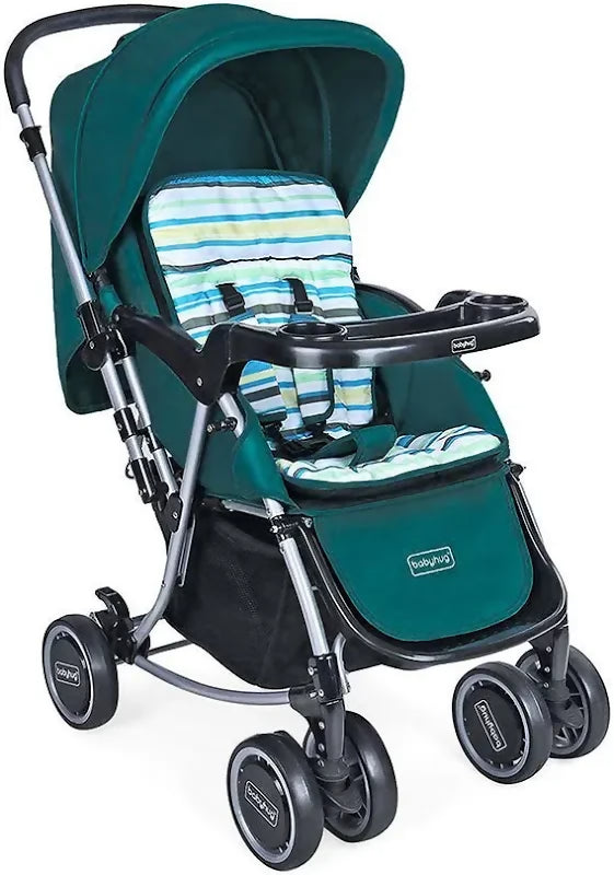 Green stroller with a striped baby seat on a white background