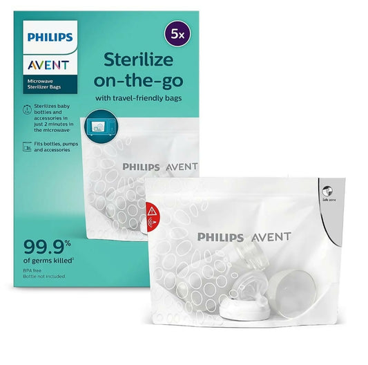 Philips Avent Microwave Sterilizing Bag | Kills 99.9% Germs | Sterilizes Bottles, Breast Pump and Baby Products in 90 Sec | 100 Sterilization Cycle in One Pack | Pack of 5 Bags (White) . Seal packed box. 