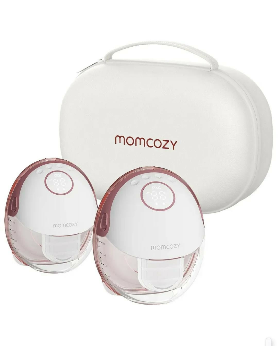 Momcozy breast pump set with two pumps and a carrying case on a white background