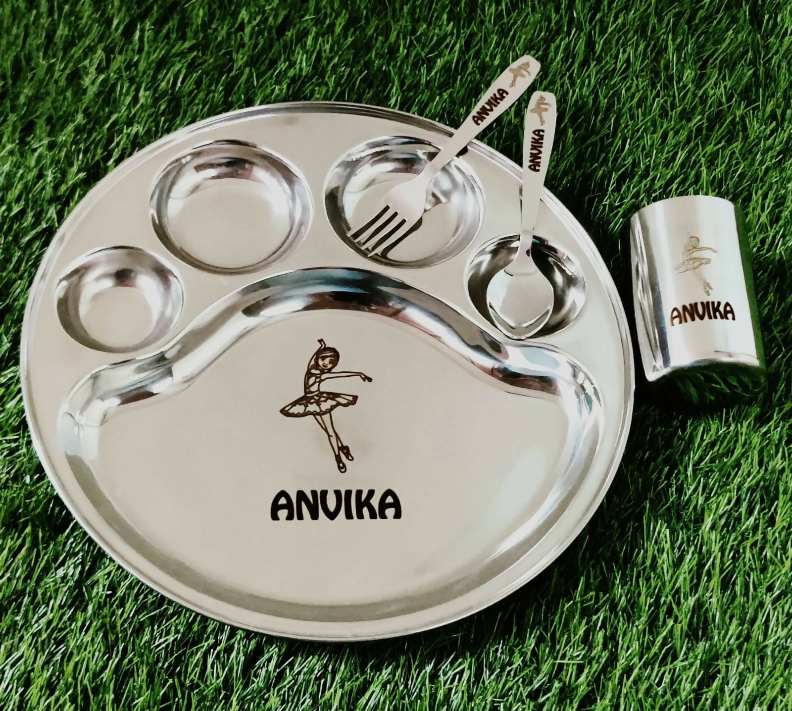 Buy Personalised Stainless Steel Plate, Glass, Spoon, and Fork Set – Durable, Safe & Customised Mealtime Set for Kids