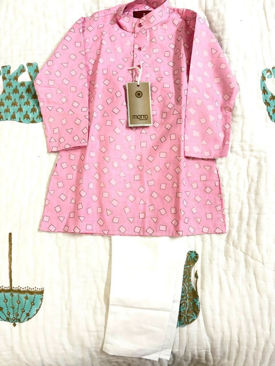 MOTTO kurta pyjama set for boys – baby pink with gold motifs, brand new, size 2–3 yrs.