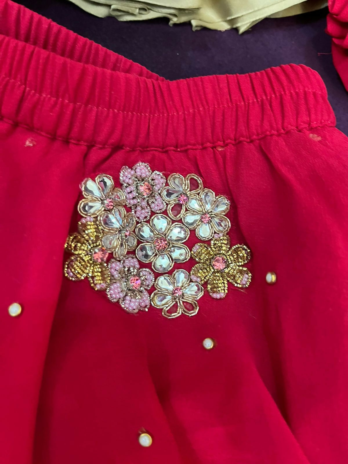 Pure georgette lehenga set for baby girls with handwork butti and matching accessories, plus a stylish baby boy kurta-pyjama set for festive elegance.