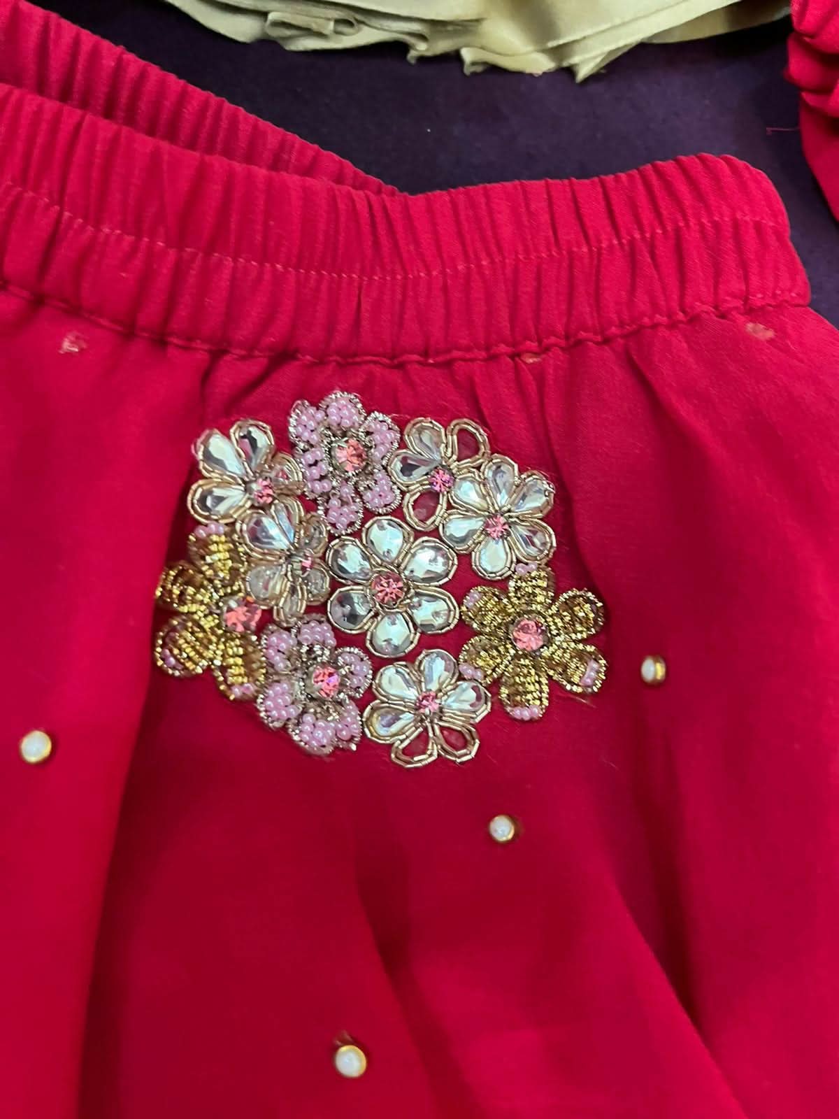 Pure georgette lehenga set for baby girls with handwork butti and matching accessories, plus a stylish baby boy kurta-pyjama set for festive elegance.