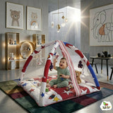 Play gym mattress with mosquito net and bedding set featuring soft cushioned play area, protective mosquito net, comfortable bedding, and cozy space for babies to rest and play.