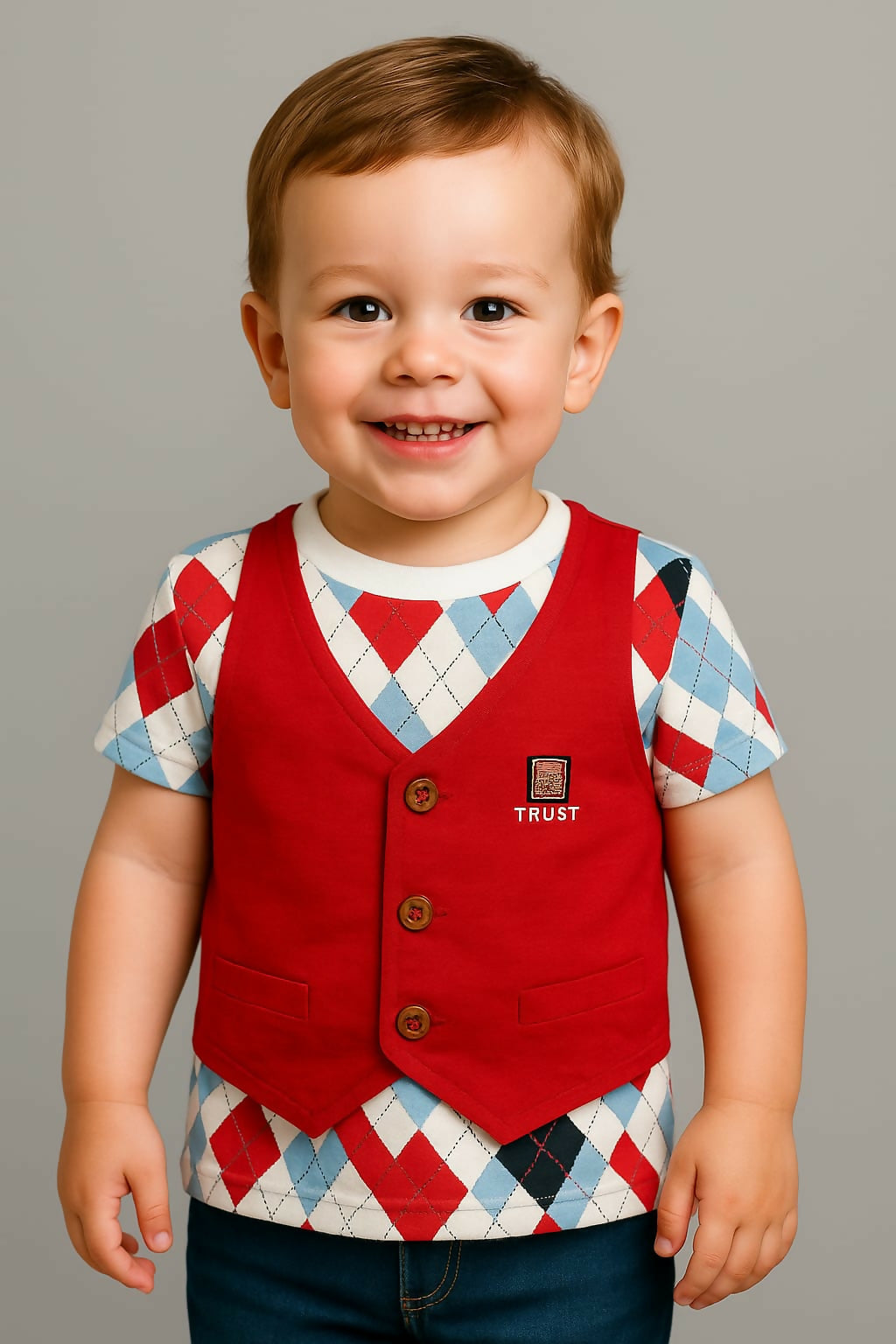 Child wearing a red vest