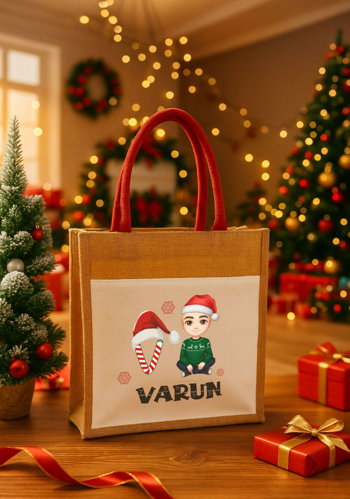 Gift bag with 'Varun' and Christmas-themed design in a festive room with trees and lights.
