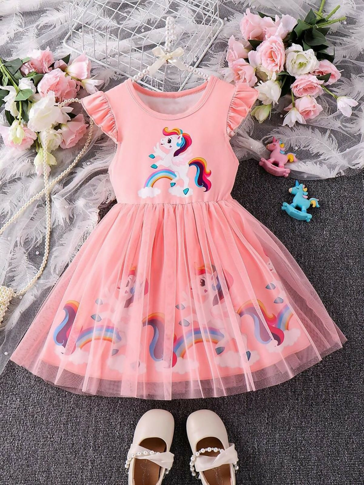 Unicorn Theme Net Partywear Dress/Frock