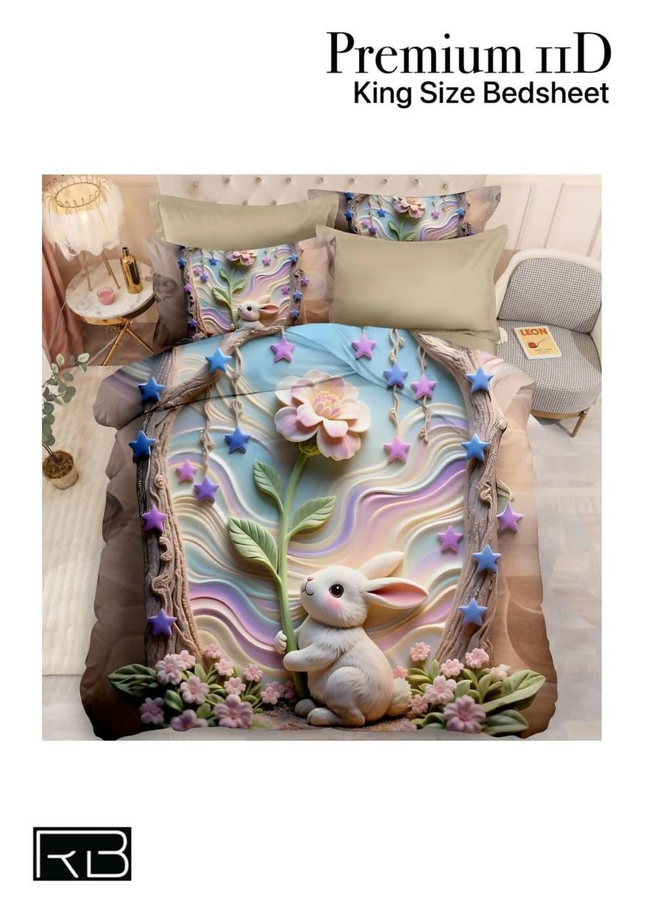 3D printed bedding set with rabbit and floral design on a bed