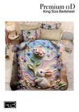 3D printed bedding set with rabbit and floral design on a bed