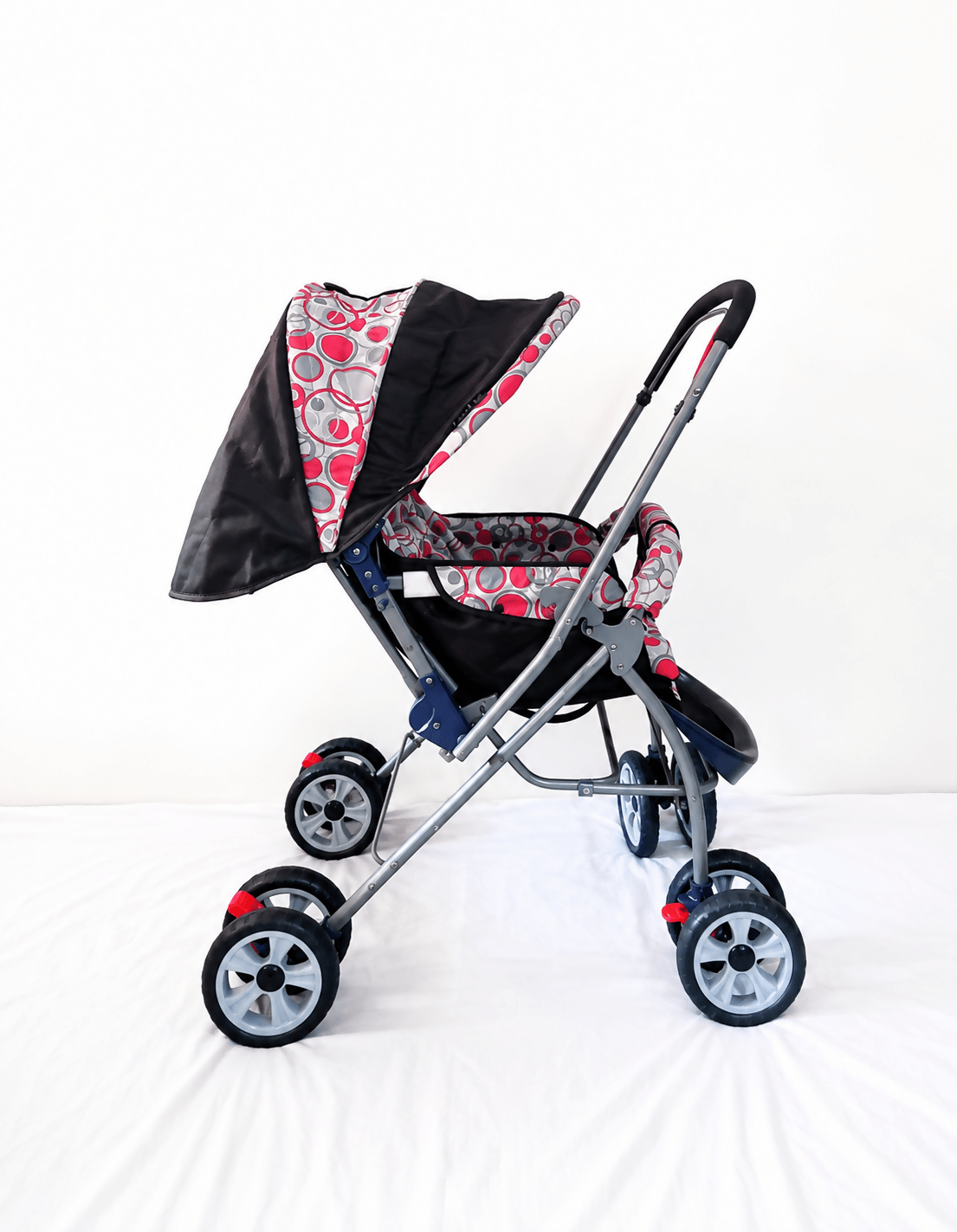 LuvLap reversible handle baby stroller with foldable travel pram design, reclining seat, adjustable canopy, 5-point safety harness, smooth wheels, and storage basket for comfortable travel with babies and toddlers.