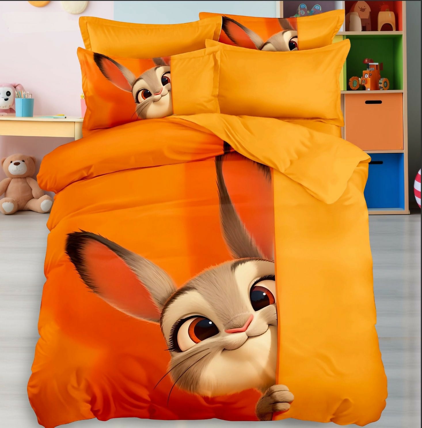 Orange bedding set with cartoon rabbit design