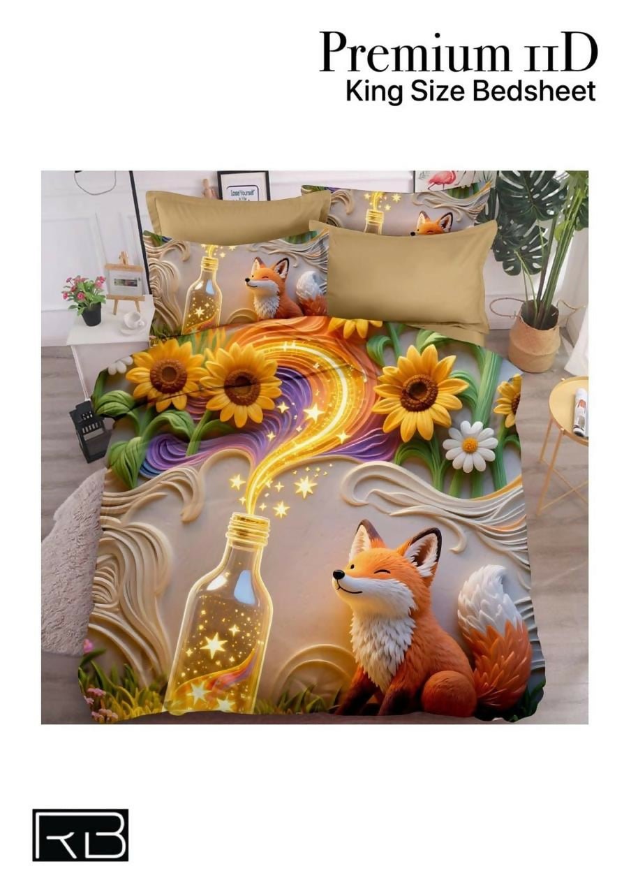 King size bedsheet with fox and sunflower design on a bed
